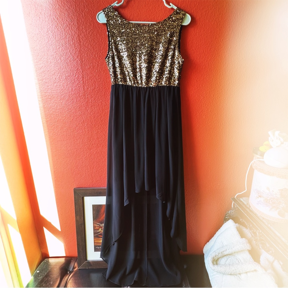 Black & Gold Sequin High Low Dress
